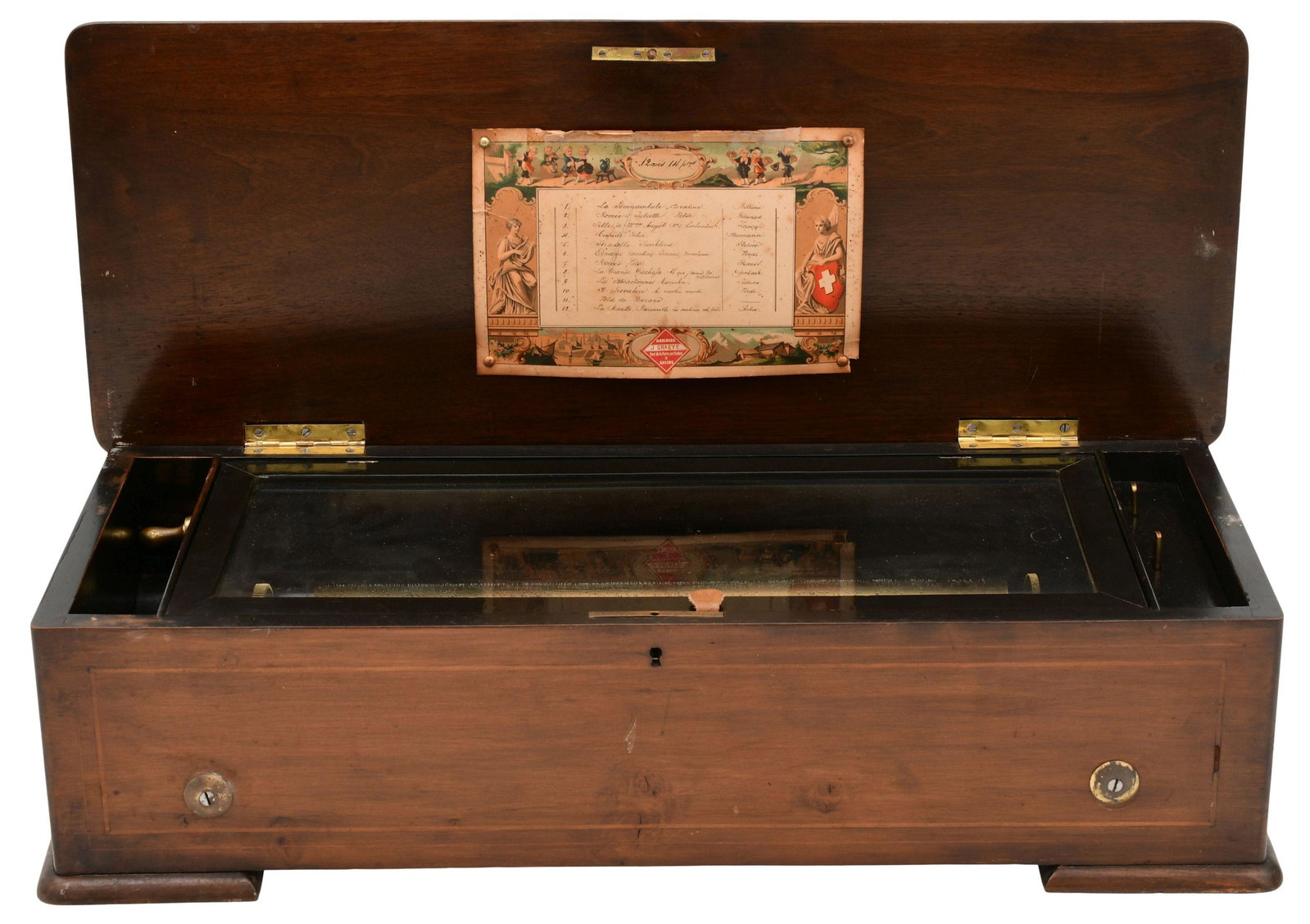 Swiss Ten-Tune Cylinder Music Box: Swiss Ten-Tune Cylinder Music Box late 19th century the rosewood case with inlaid floral motifs on the lid 7 x 25 1/2 x 10 inches Provenance: Private Collection, Ohio