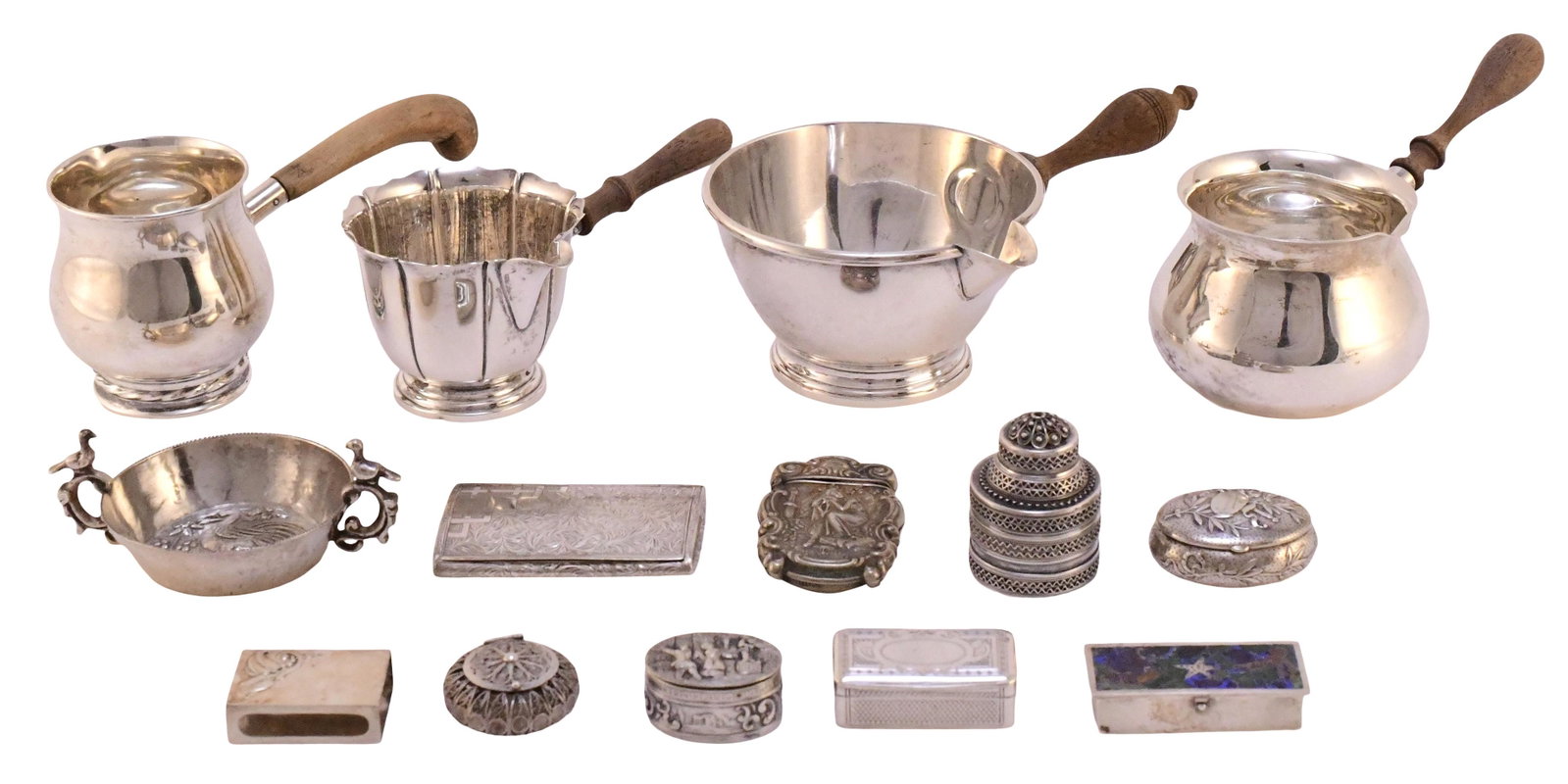 Lot of Silver Pipkins, Snuff Boxes and Miscellaneous Items: Lot of Silver Pipkins, Snuff Boxes and Miscellaneous Items 19th/20th century 2 1/2 x 8 1/2 x 5 inches (largest) Provenance: Private Collection, New York
