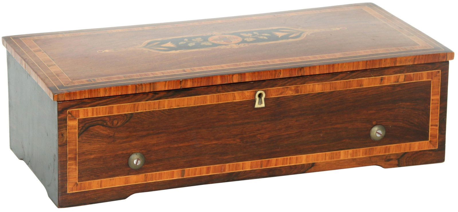 Swiss Eight-Tune Cylinder Music Box: Swiss Eight-Tune Cylinder Music Box late 19th century the rosewood case with inlaid floral and foliate motifs to the lid 18 3/8 x 5 1/4 x 8 1/8 inches 11 in. long (cylinder) Provenance: Private Collec