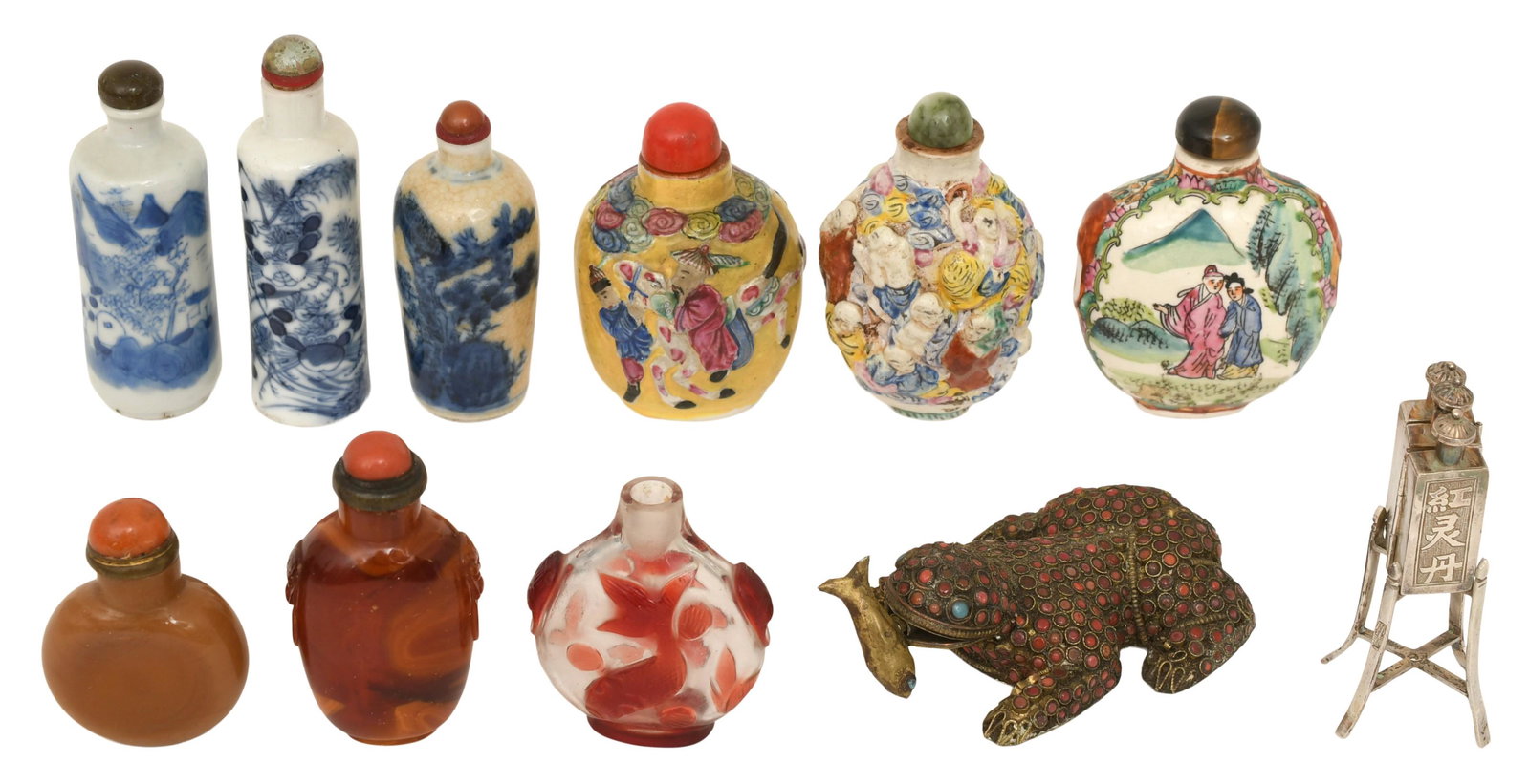 Lot of 11 Snuff Bottles: Lot of 11 Asian Snuff Bottles 19th/20th century 4 in. long (toad) 3 1/4 in. high (largest bottle) Provenance: Private Collection, Florida