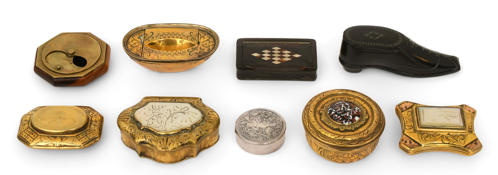 Lot of Nine Metal, Mother-of-Pearl, Papier-M‚chÈ, Enamel and Gutta-Percha Snuff Boxes: Lot of Nine Metal, Mother-of-Pearl, Papier-M‚chÈ, Enamel and Gutta-Percha Snuff Boxes 19th/20th century 4 in. long (shoe) Provenance: Private Collection, Florida