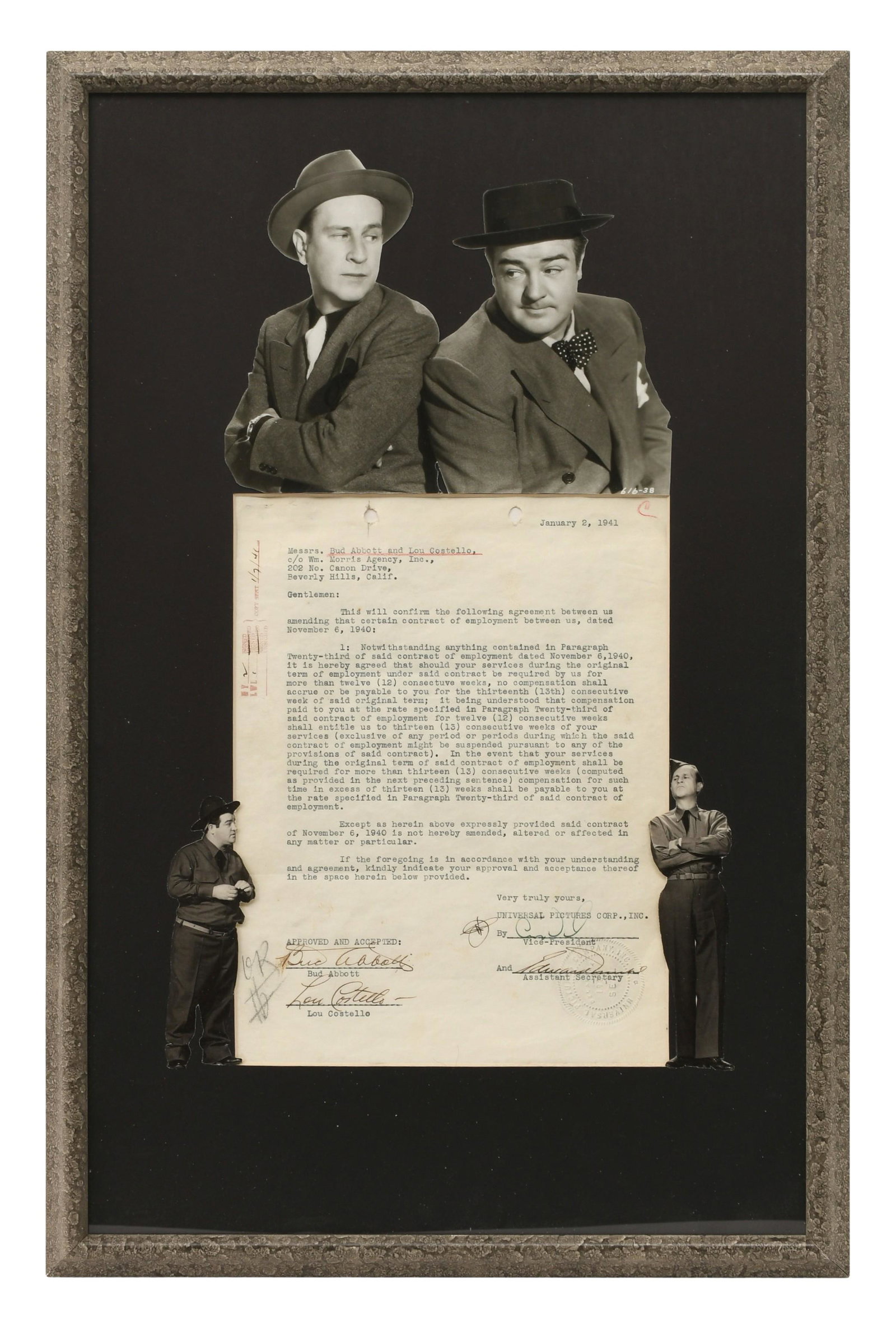Abbott and Costello, Universal Pictures Corporation, Contract in Frame: Abbott and Costello, Universal Pictures Corporation, Contract in Frame circa 1940 23 1/2 x 15 1/4 inches Provenance: Private Collection, Massachusetts