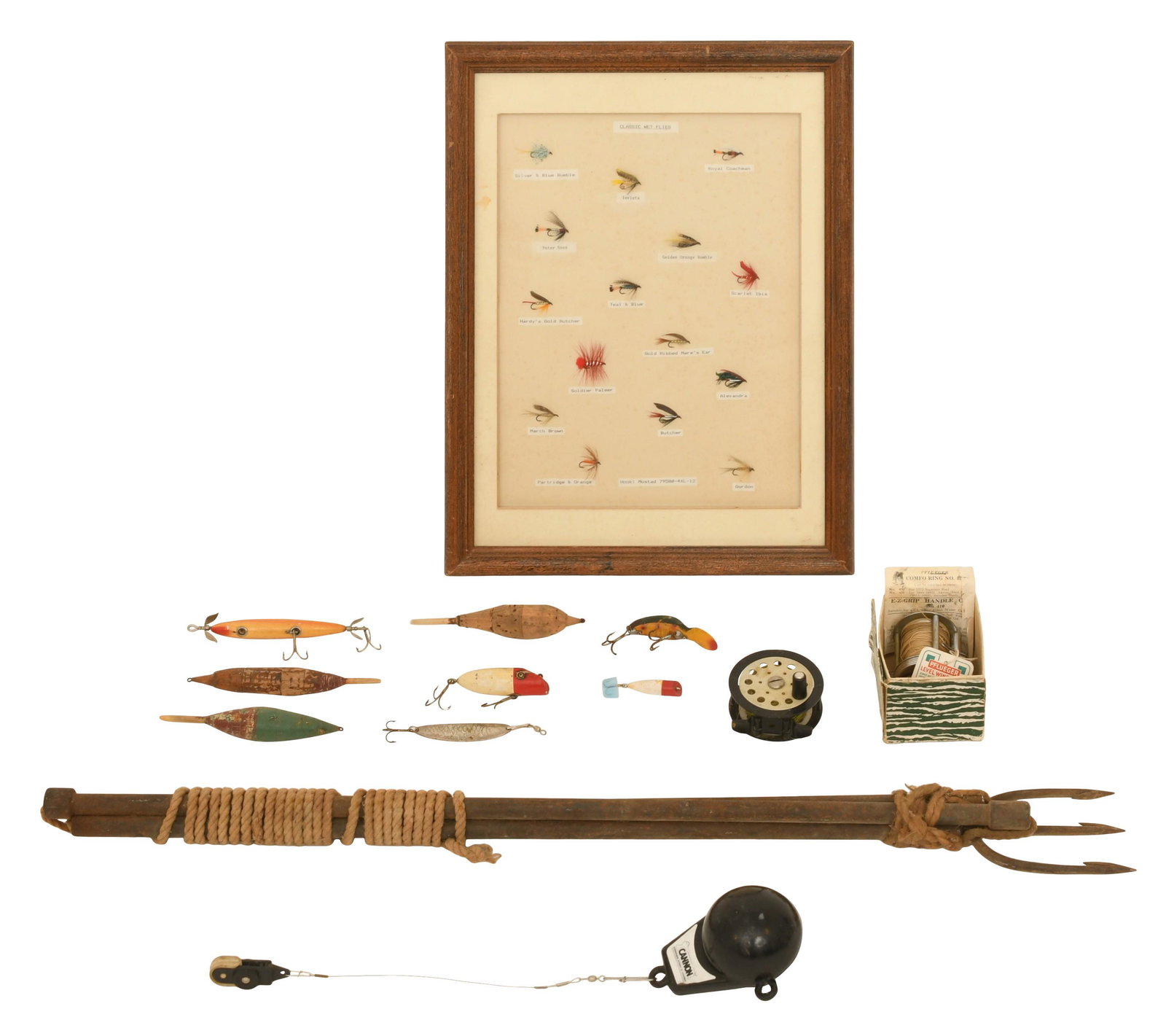 Lot of Fishing Items: Lot of Fishing Items 19th/20th century comprising a fishing spear, fifteen framed wet flies, Pflueger Summit No. 1993L fishing reel, Pflueger Progress No. 1774 fly fishing reel, Cannon downrigger, Hed