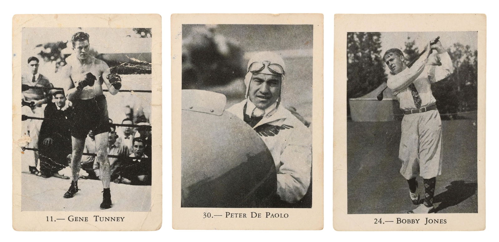 Rogers Peet Trading Cards of Bobby Jones, Peter De Paolo and Gene Tunney: Rogers Peet Trading Cards of Bobby Jones, Peter De Paolo and Gene Tunneycirca 1929-19302 1/2 x 1 3/4 inchesProvenance: Private Collection, New York