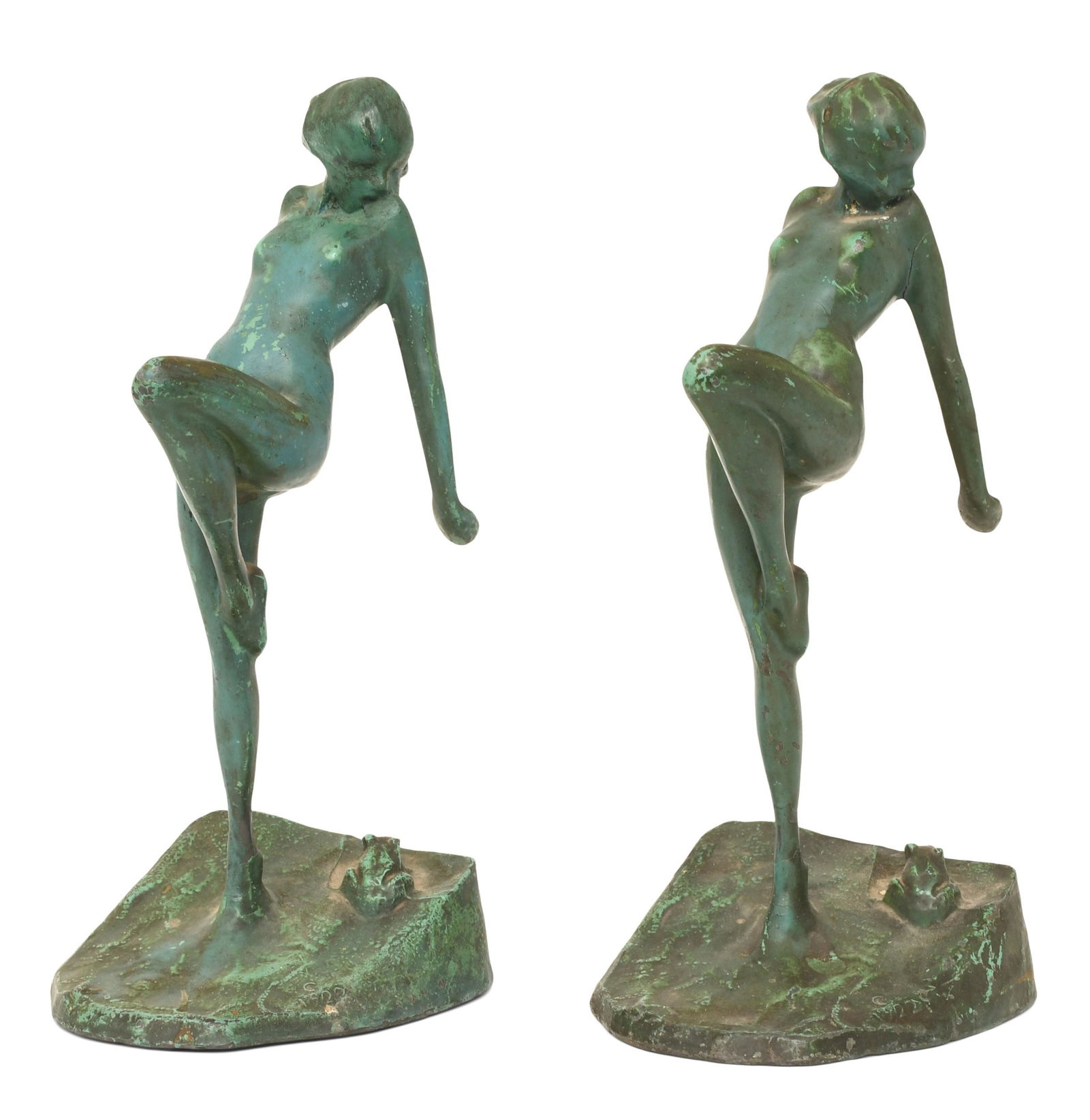 Pair of Frankart Art Deco Nude Bookends: Pair of Frankart Art Deco Nude Bookendscirca 1922each modeled as a nude woman with a frog, marked "1922"9 1/2 x 4 x 4 1/4 inchesProvenance: Private Collection, New York