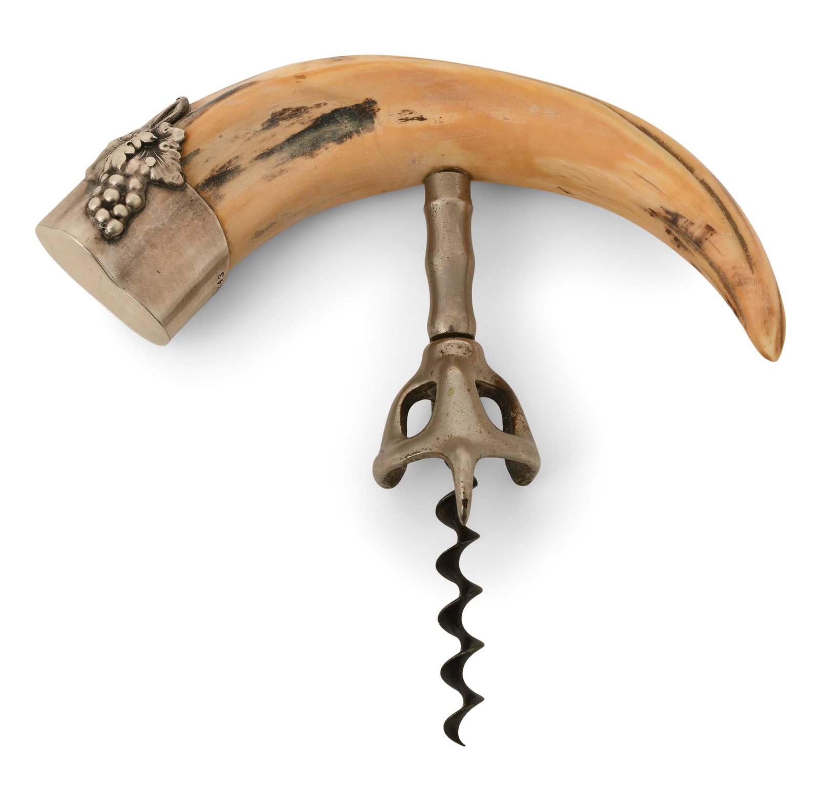 Sterling Silver-Mounted Wild Boar's Tusk Corkscrew: Sterling Silver-Mounted Wild Boar's Tusk Corkscrew late 19th century marked "Sterling, 243" 5 3/4 in. long