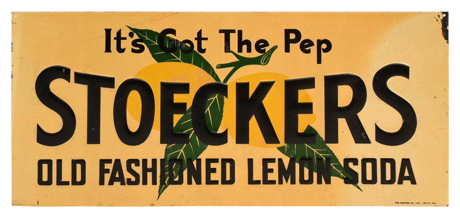 Stoeckers Old Fashioned Lemon Soda Tin Advertising Sign: Stoeckers Old Fashioned Lemon Soda Tin Advertising Sign mid-20th century marked "The Meeker Co., Inc., Joplin, MO." 9 1/4 x 20 inches Provenance: Private Collection, New York