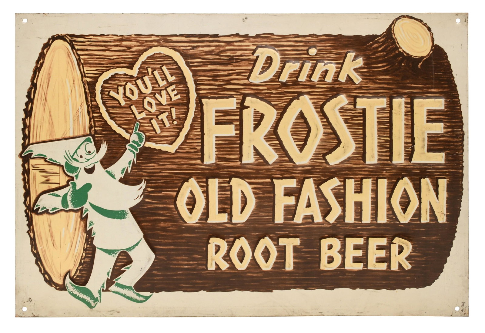 Frostie Old Fashion Root Beer Tin Advertising Sign: Frostie Old Fashion Root Beer Tin Advertising Sign mid-20th century 13 1/4 x 19 1/2 inches Provenance: Private Collection, New York
