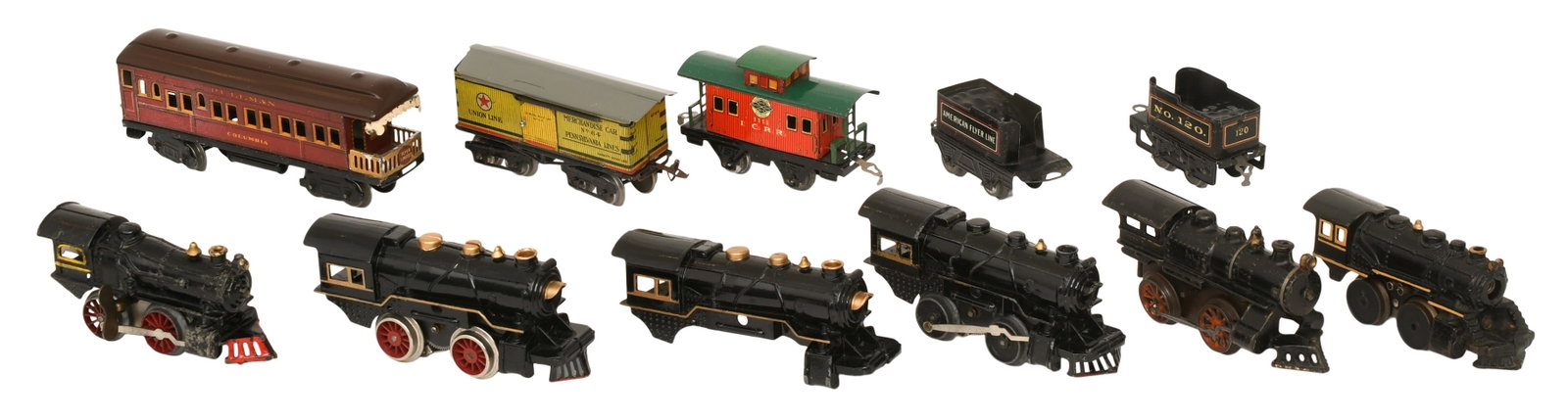 Lot of Two Ives Mfg. Co. Model Trains and Nine American Flyer Model Trains: Lot of Two Ives Mfg. Co. Model Trains and Nine American Flyer Model Trains early 20th century 2 1/4 x 7 1/2 x 2 inches (large engine) Provenance: Private Collection, Massachusetts