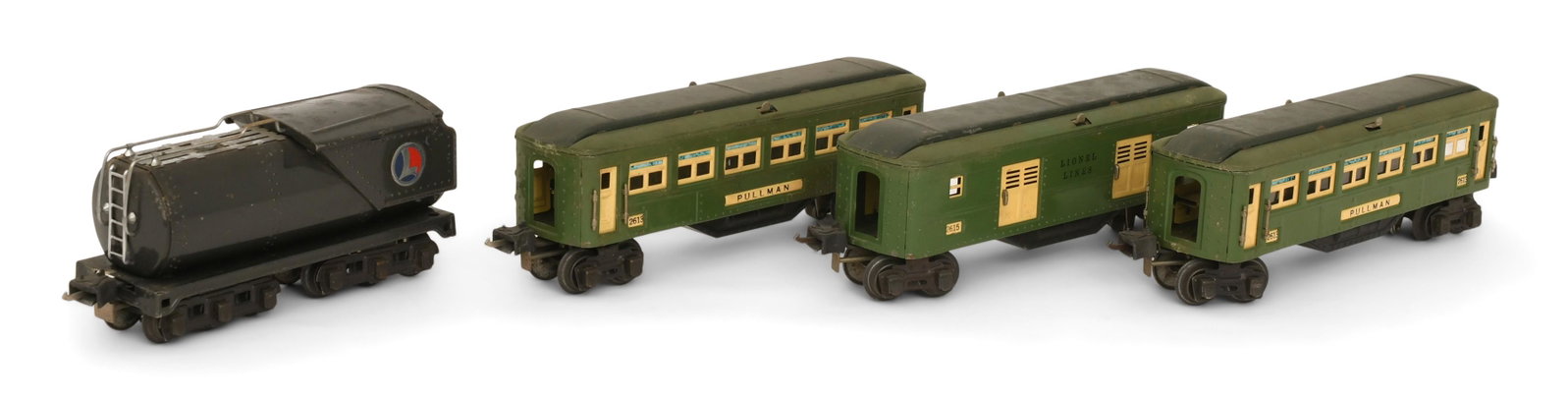 Lionel Train Tender and Three Cars: Lionel Train Tender and Three Cars 20th century 3 3/4 x 8 x 2 3/4 inches (tender) Provenance: Private Collection, New York