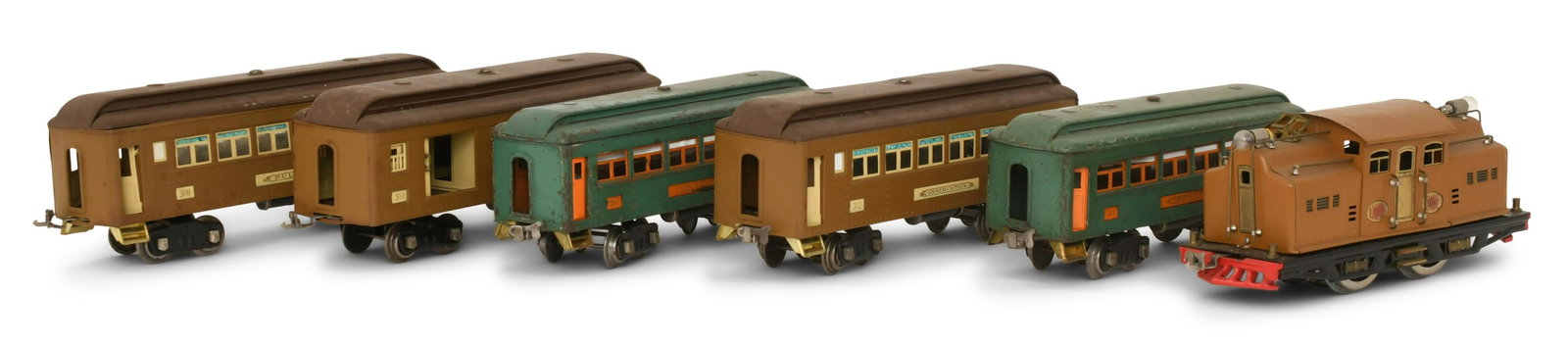 Lionel "Super-Motor" Train Engine with Four Passenger Cars and One Mail Car: Lionel "Super-Motor" Train Engine with Four Passenger Cars and One Mail Car 20th century 5 x 13 x 3 1/2 inches (engine) Provenance: Private Collection, New York