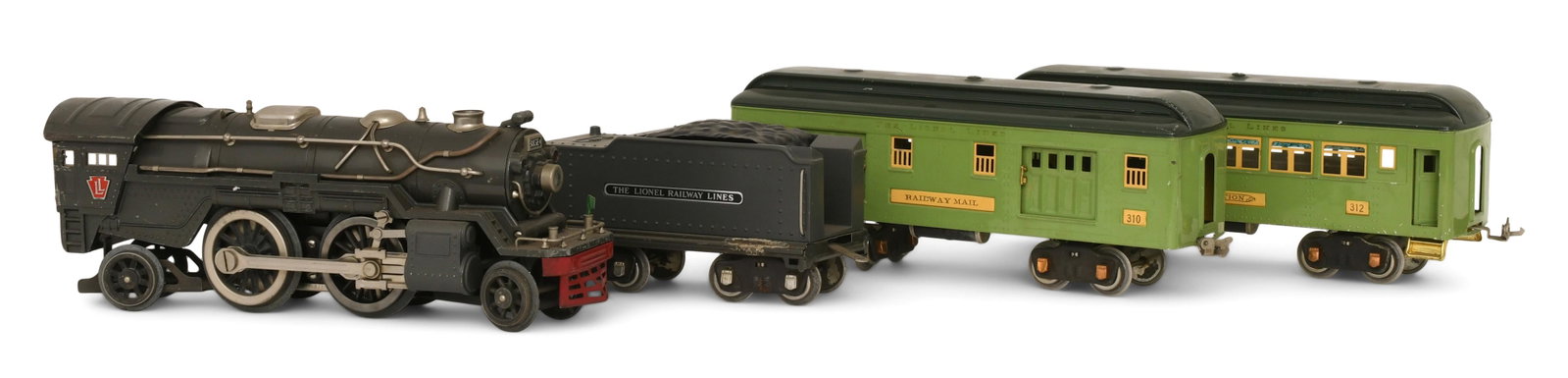 Lionel Train Engine, Tender, Railway Mail Car and Observation Car: Lionel Train Engine, Tender, Railway Mail Car and Observation Car 20th century 5 x 14 3/4 x 3 1/2 inches Provenance: Private Collection, New York