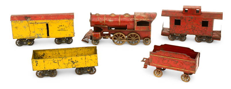 Schieble Toy & Novelty Co. Five-Piece Train Set: Schieble Toy & Novelty Co. Five-Piece Train Setcirca 1912-1918boxcar marked "S.T. & N. Co., 1912, Special"6 3/4 x 15 3/4 x 94 1/2 inches (engine)Provenance: Private Collection, Massachusetts