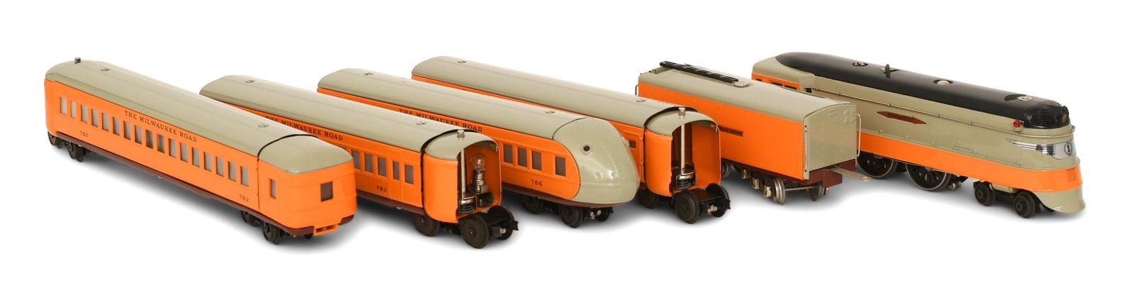 Pride Lines Ltd. "O" Gauge Train Engine with Five Cars: Pride Lines Ltd. "O" Gauge Train Engine with Five Cars 20th century 3 3/4 x 13 x 2 1/2 inches (engine) Provenance: Private Collection, New York