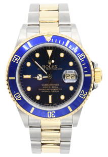 Rolex Two-Tone Submariner, Reference 16803, 18K Gold & Stainless Steel Wristwatch, Circa 1988: Rolex Two-Tone Submariner, Reference 16803, 18K Gold & Stainless Steel Wristwatch, Circa 1988Case: 18K Gold, Stainless SteelCase Diameter: 40mmDial: BlueReference Number: 6694Serial Number: R393371Mov