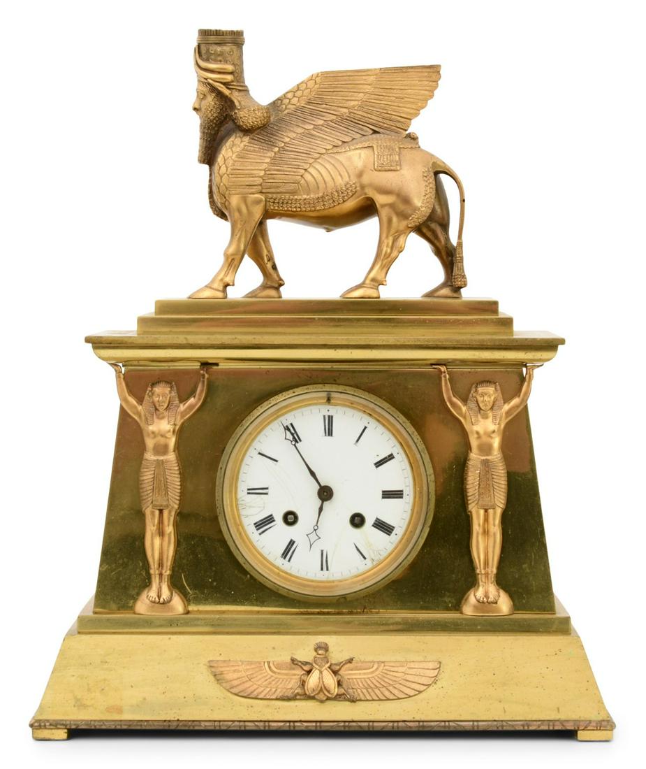 French Egyptian Revival Gilt Bronze Mantel Clock (1 of 8)