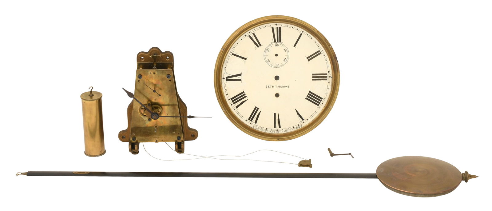 Seth Thomas No. 68 Clock Movement with Weight, Pendulum and Dial for a Regulator No. 31: Seth Thomas No. 68 Clock Movement with Weight, Pendulum and Dial for a Regulator No. 31circa 19098-day time only regulator movement with sub-seconds, maintaining power and Graham deadbeat escapement a