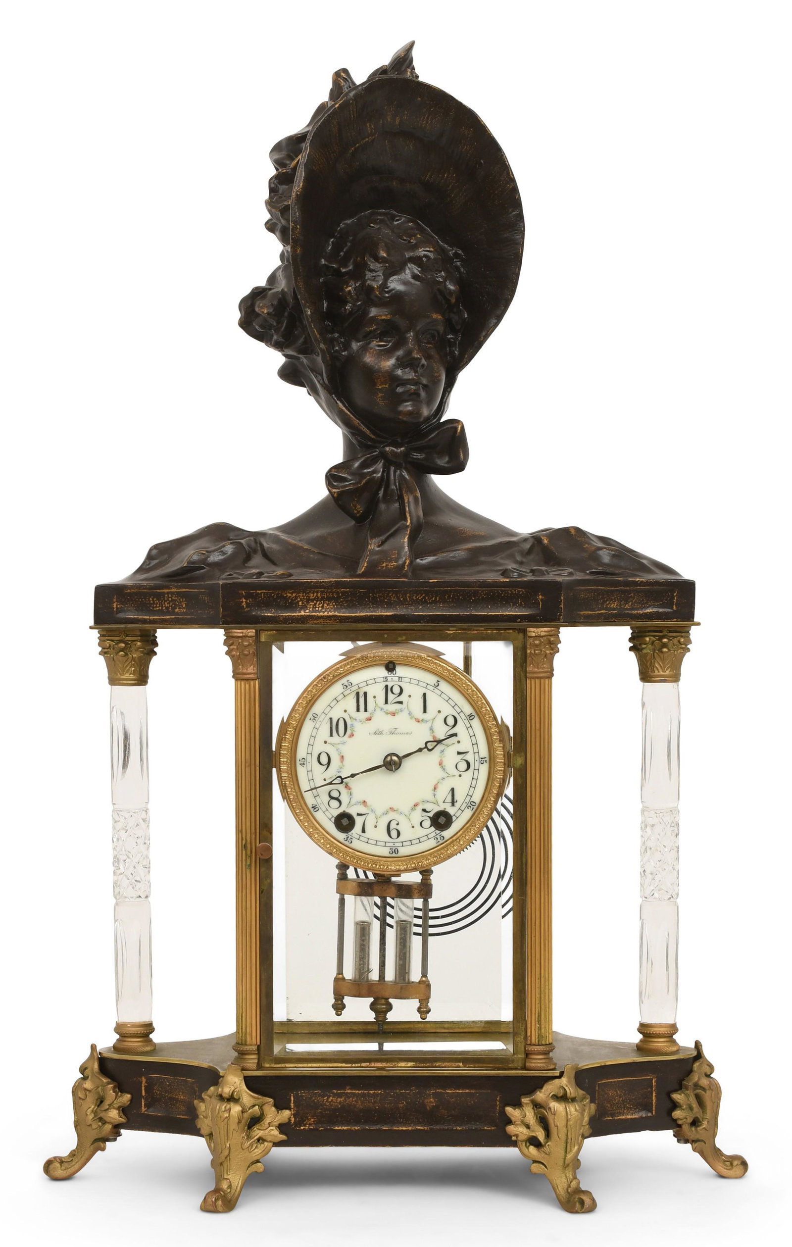 Seth Thomas "Empire No. 31" Crystal Regulator Clock: Seth Thomas "Empire No. 31" Crystal Regulator Clockcirca 1906surmounted by a bust above beveled glass panels and cut glass columns, brass 8-day time-only movement with simulated mercury pend