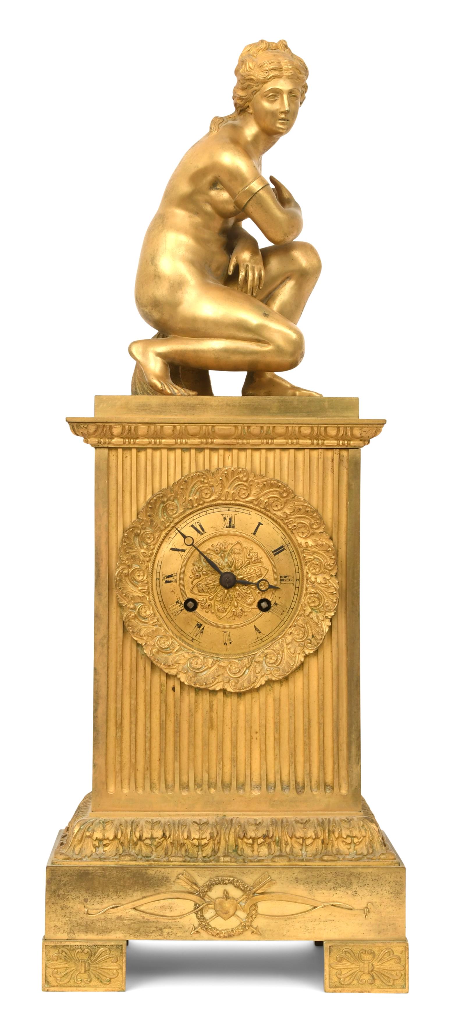 French Empire Gilt Bronze Silk Thread Mantel Clock, "Lely Venus" (1 of 7)