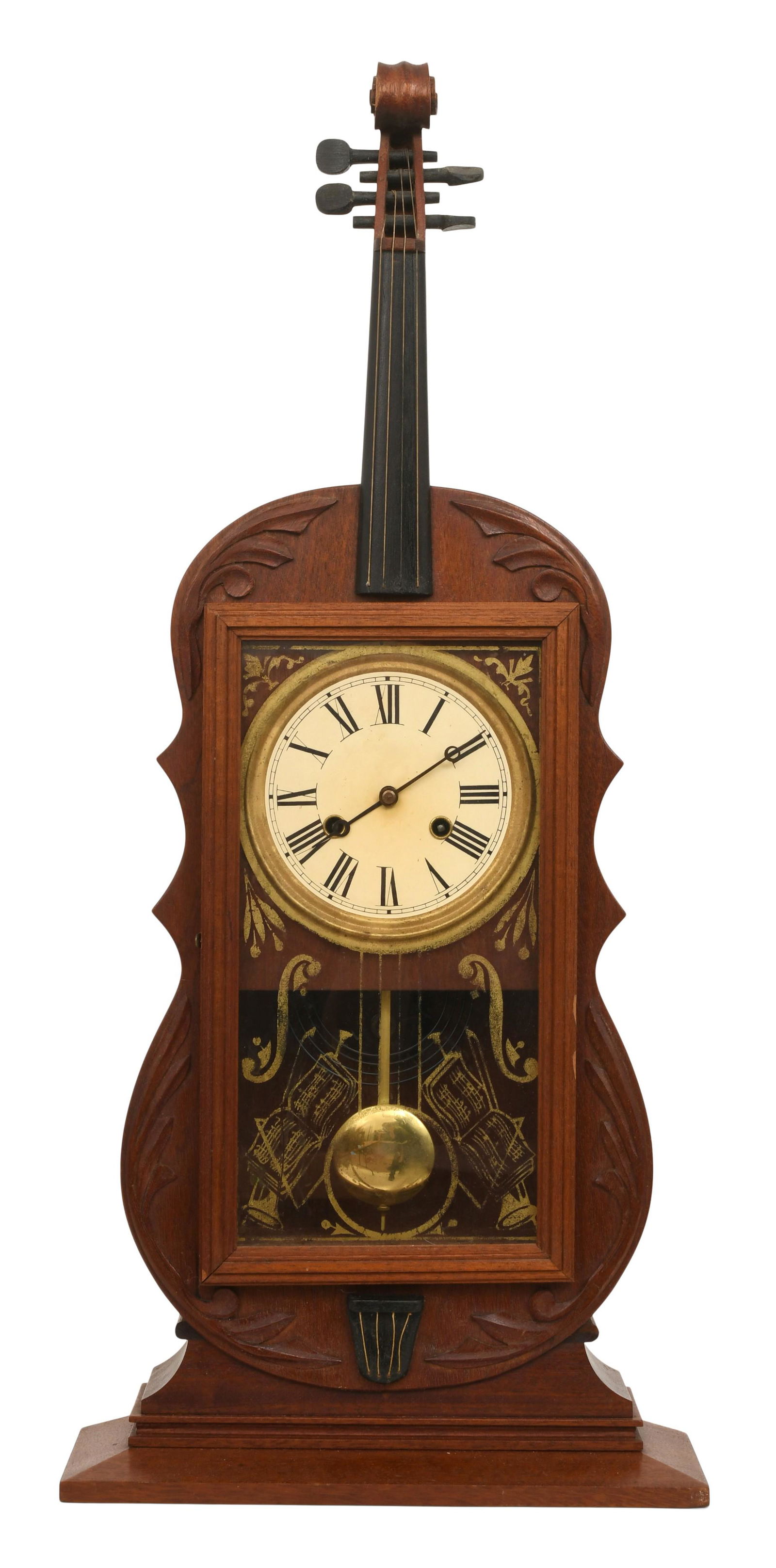 Reproduction of a Seth Thomas Violin Clock: Reproduction of a Seth Thomas Violin Clock20th centurymahogany case in the form of a violin, 8-day German time and strike movement, reverse of dial marked "Paul Terch, Anderson, SC, July 10, 1974
