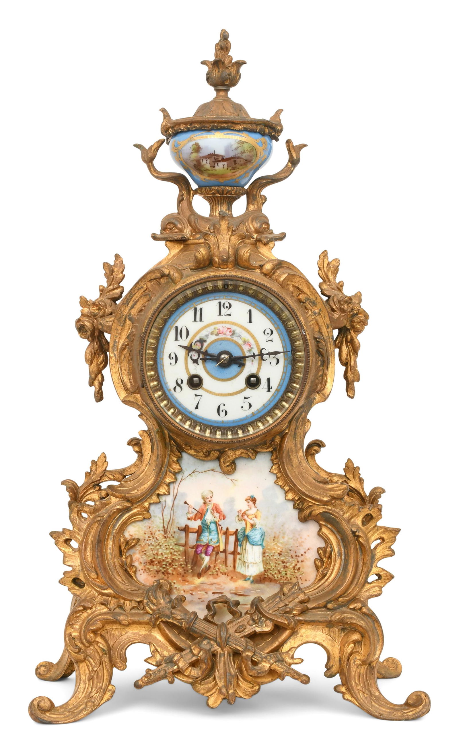 French Rococo Style Gilt Bronze & Porcelain Mantel Clock (1 of 9)