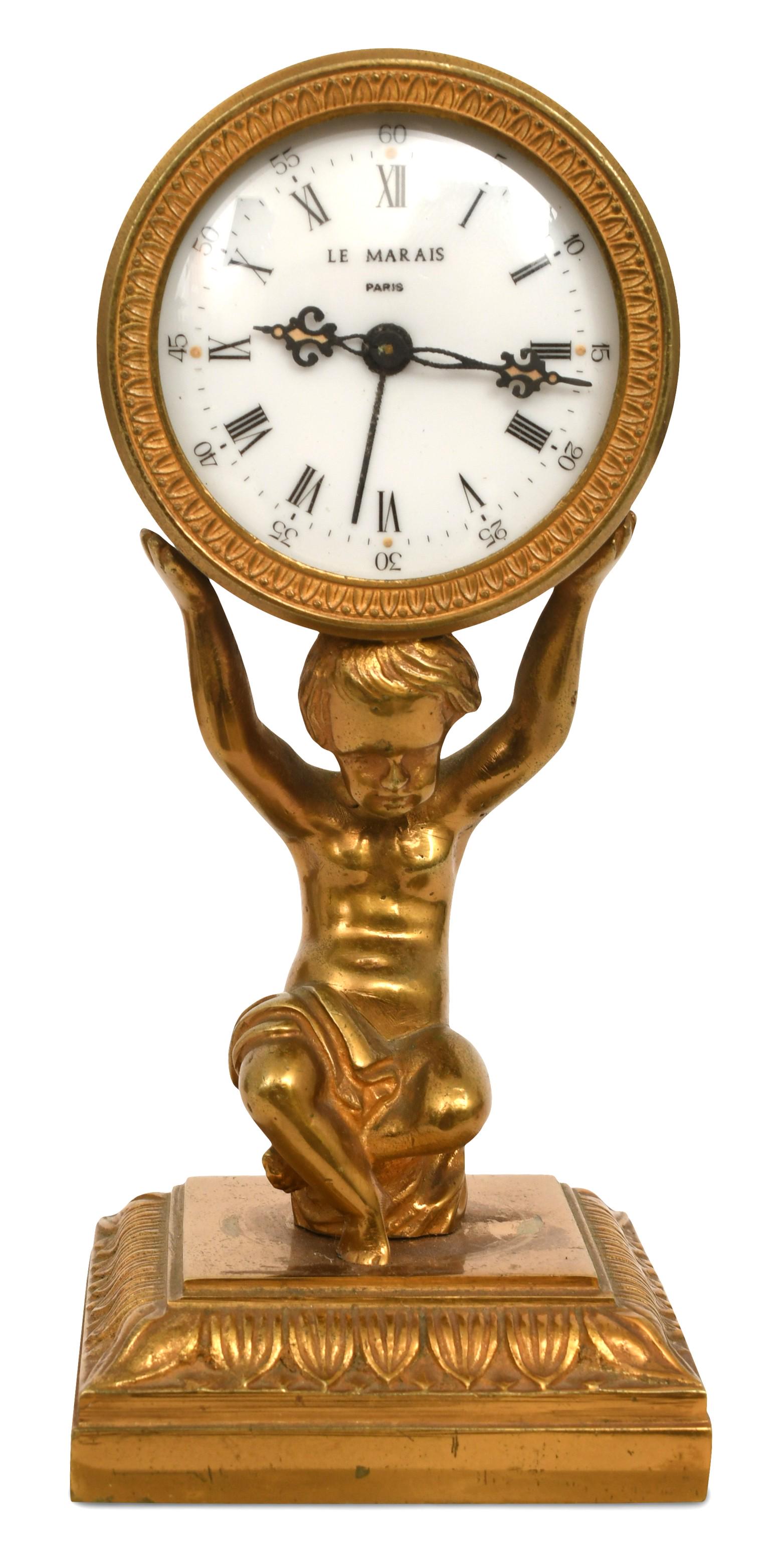 French Gilt Brass Figural Novelty Desk Clock with Alarm (1 of 6)