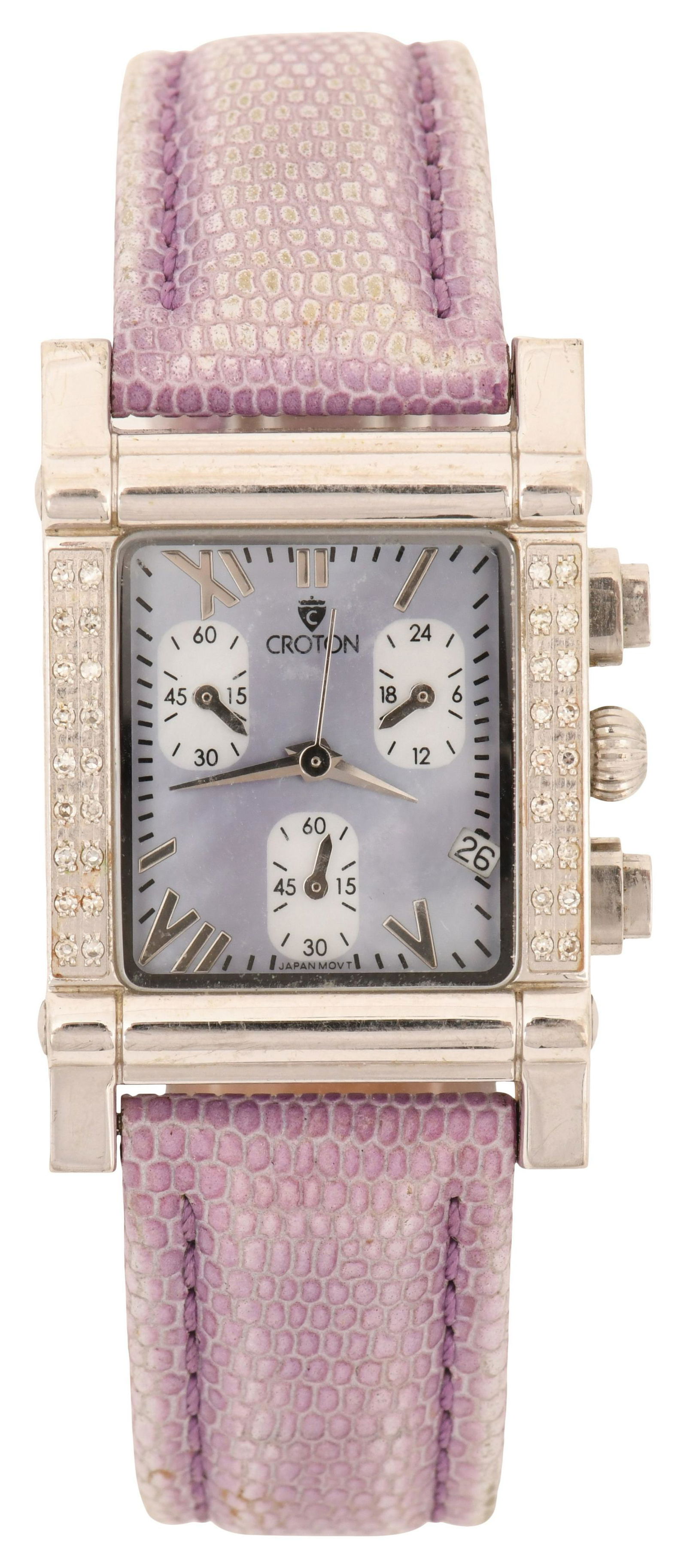 Croton Stainless Steel, Diamond & Sapphire Crystal Wristwatch: Croton Stainless Steel, Diamond & Sapphire Crystal WristwatchCase Material: Stainless Steel, Diamond, Sapphire CrystalCase Width: 27.5mmMovement: QuartzDial Marked: "Croton, Japan Mov't"Case