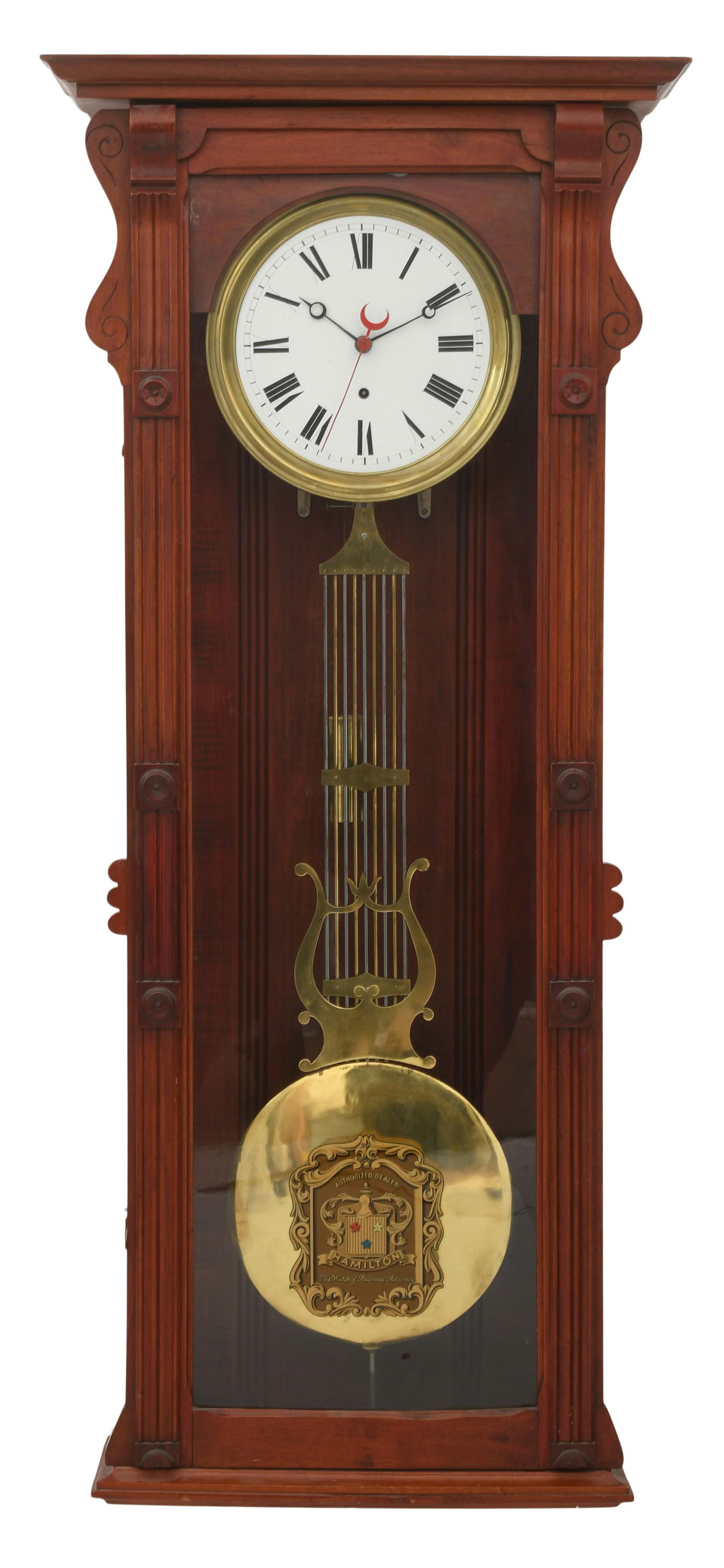 Jeweler's Wall Regulator Clock with Pinwheel Escapement: Jeweler's Wall Regulator Clock with Pinwheel Escapement late 19th century walnut case with rosettes, glass with decal for Hamilton Watch Company, 8-day weight-driven time-only movement with pinwheel e