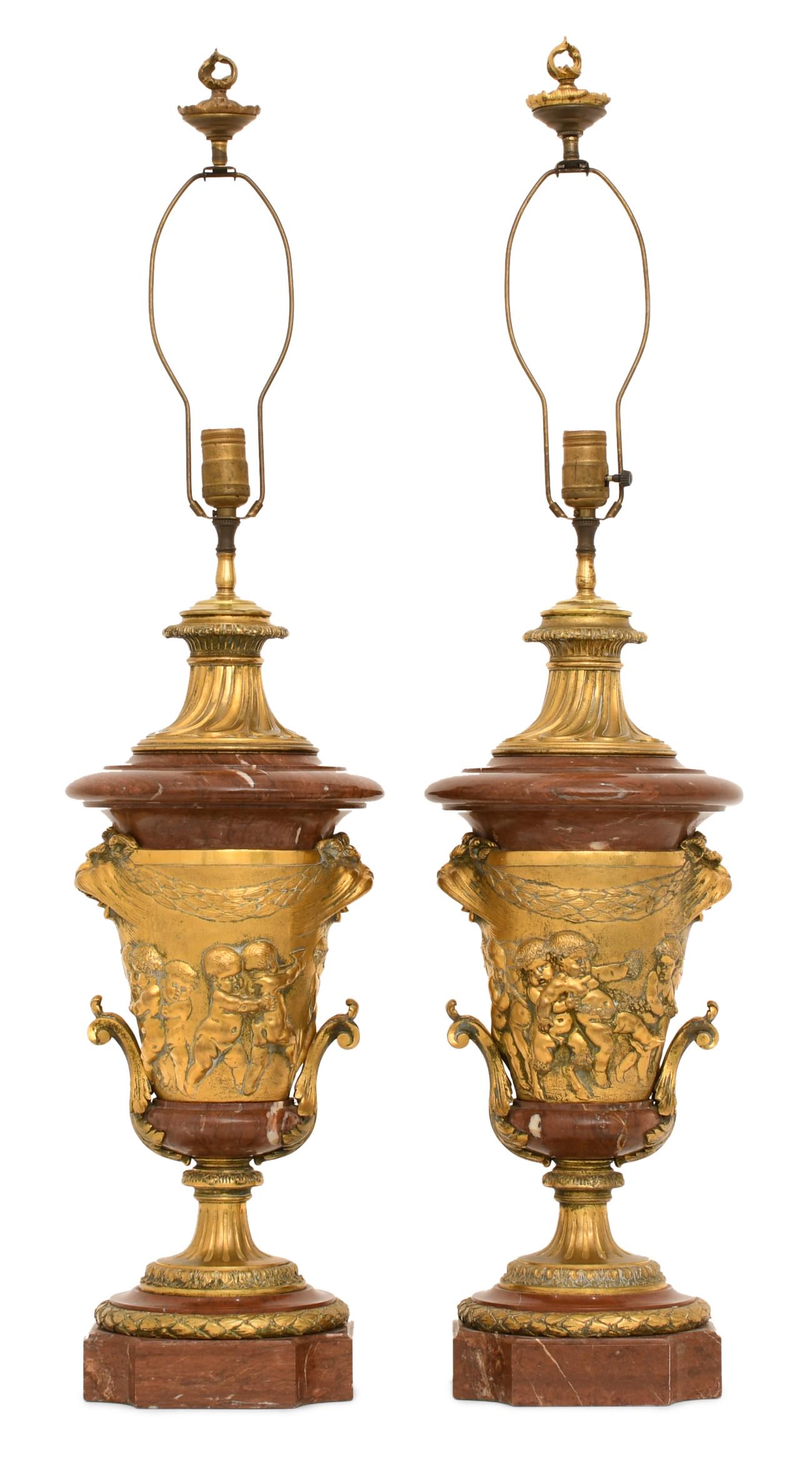 Pair of French Gilt Bronze-Mounted Rouge Marble Table Lamps (1 of 6)