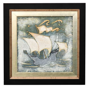 Grueby Faience Company Ship Tile: Grueby Faience Company(Boston, MA, 1894-1911)Ship Tilecirca 1900-1910glazed earthenware11 1/2 x 11 1/2 inches (sight)17 x 17 inches (frame)Provenance: Private Collection, East Sandwich, Massac