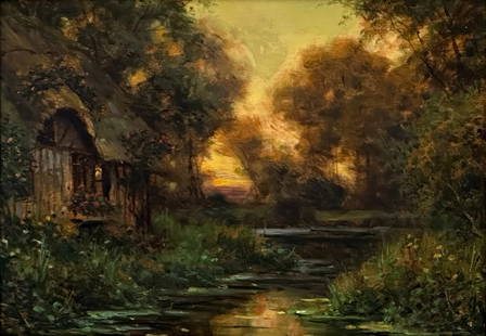 Louis Aston Knight (French/American, 1873-1948), Landscape with a Cottage Along a Stream: Louis Aston Knight(French/American, 1873-1948)Landscape with a Cottage Along a Streamoil on panelsigned and inscribed "Aston Knight, Paris" (lower left)9 1/2 x 13 1/2 inches (sight)15 3/4 x 19 3/4 inc