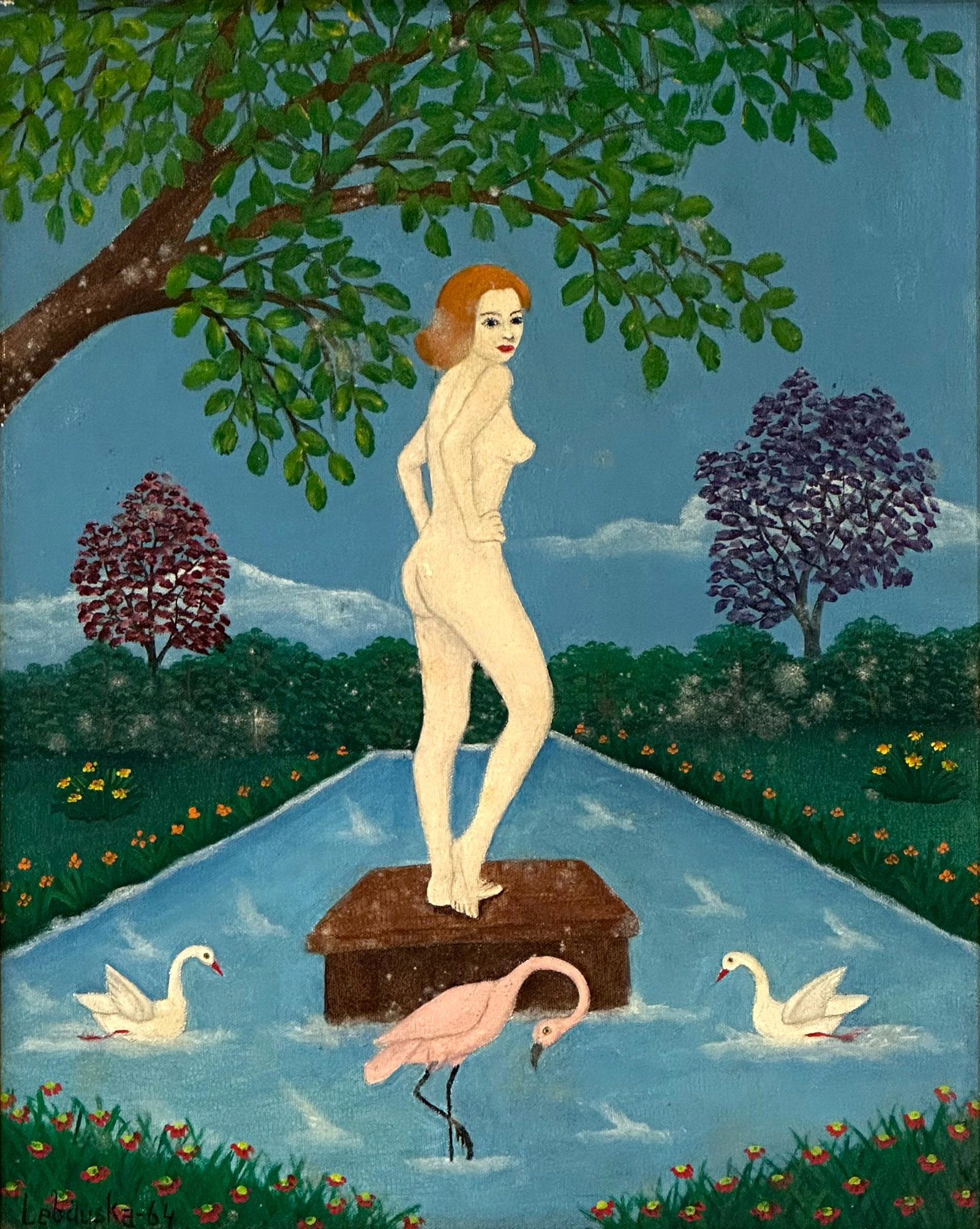 Lawrence Lebduska (American, 1894-1966), Nude Woman with Two Swans and a Flamingo: Lawrence Lebduska (American, 1894-1966) Nude Woman with Two Swans and a Flamingo oil on canvas signed and dated "Lebduska, 64" (lower left) 19 1/2 x 15 1/2 inches (sight) 25 3/4 x 21 3/4 inches (frame