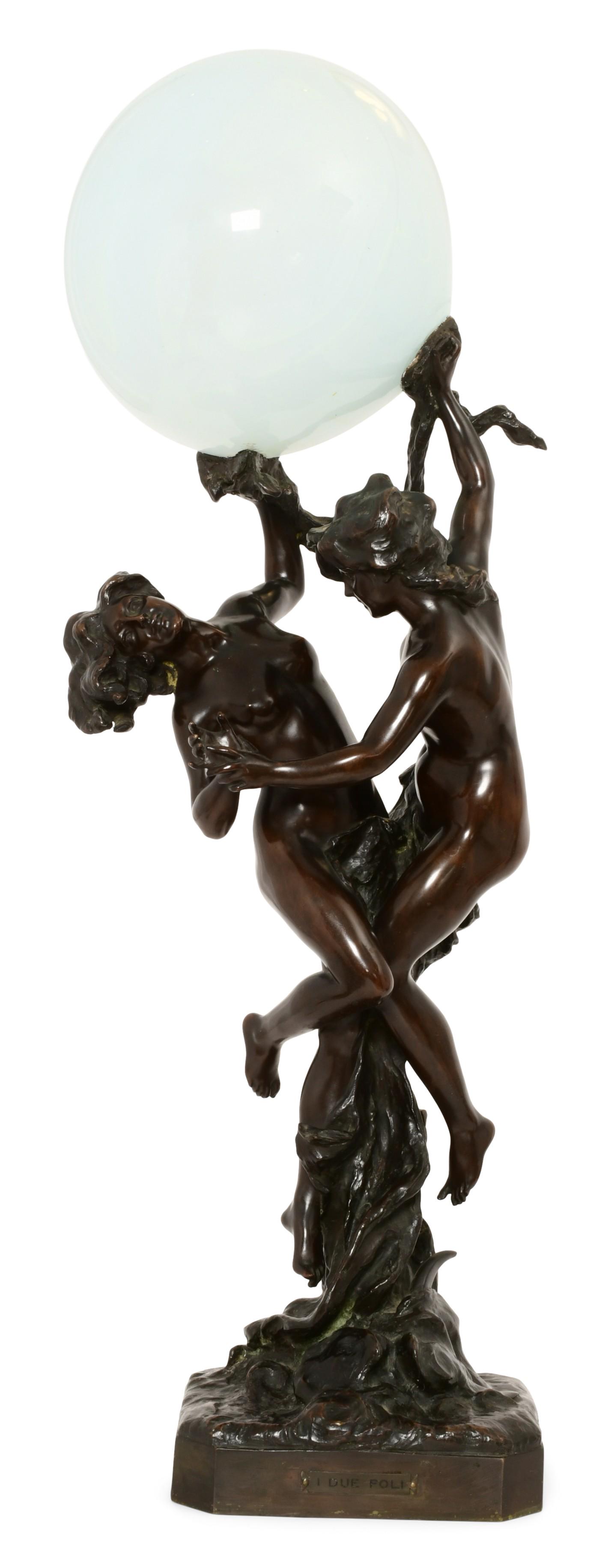G. Ferrari (Italian, 19th Century), Bronze Lamp with Two Nude Women, "I Due Poli": G. Ferrari (Italian, 19th Century) Lamp with Two Nude Women, "I Due Poli" patinated bronze sculpture, opalescent glass globe signed "G. Ferrari" and titled "I Due Poli" 33 x 8 1/2 x 7 1/2 inches
