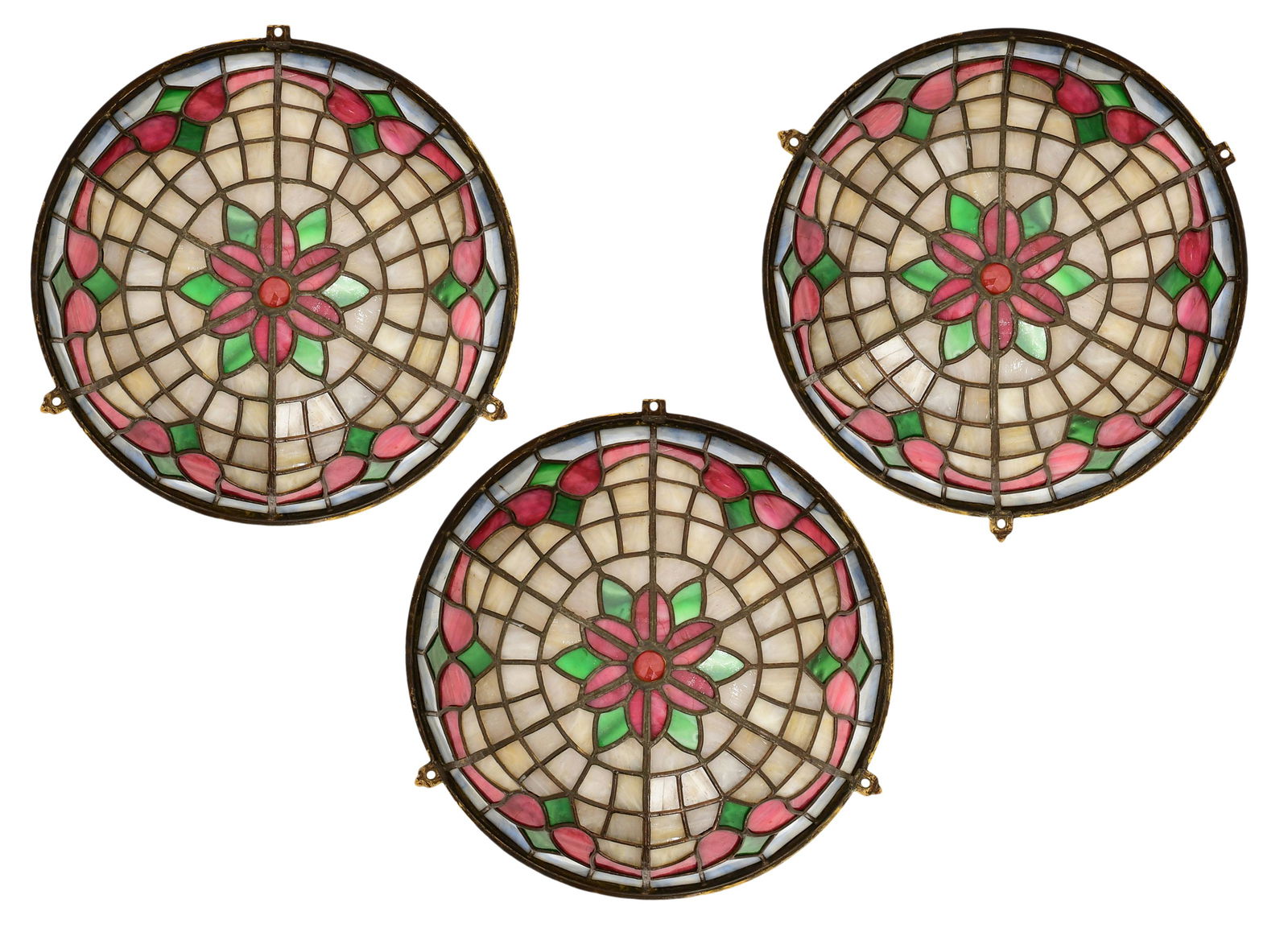 Set of Three American Leaded Glass Inverted Ceiling Lights (1 of 5)