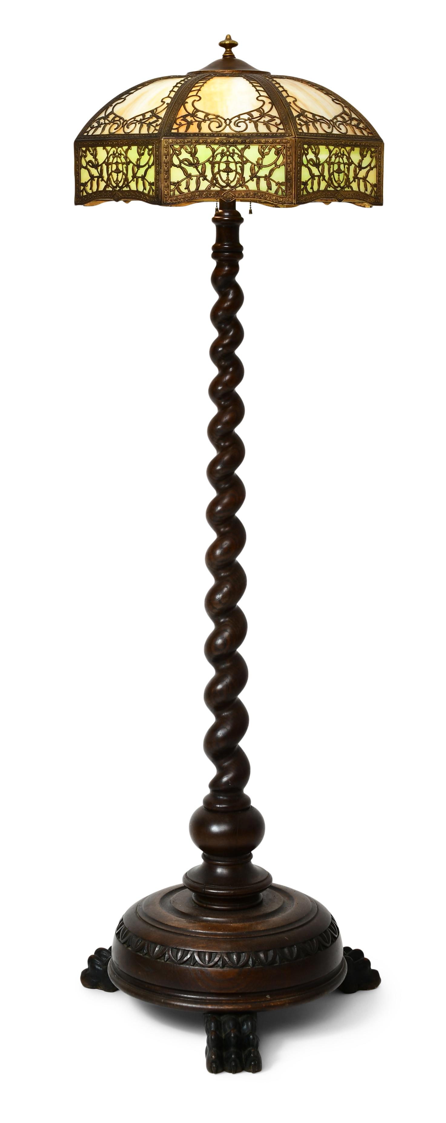 American Overlay Slag Glass & Carved Oak Floor Lamp (1 of 6)