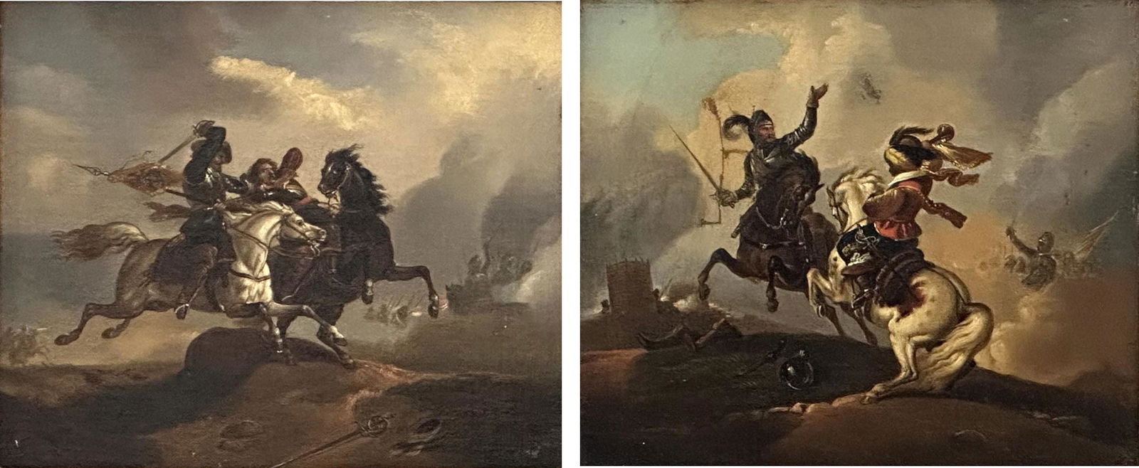Pair of 18th Century Continental Battle Scenes, Oil on Canvas Laid on Board (1 of 3)