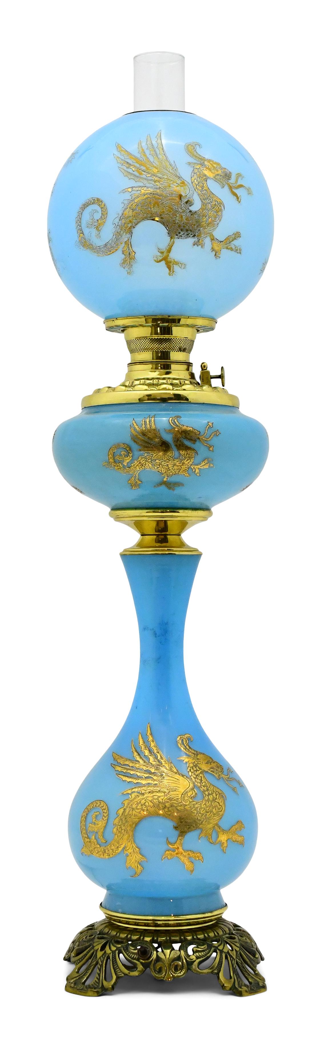American Brass & Blue Glass Oil Lamp with Dragons (1 of 4)