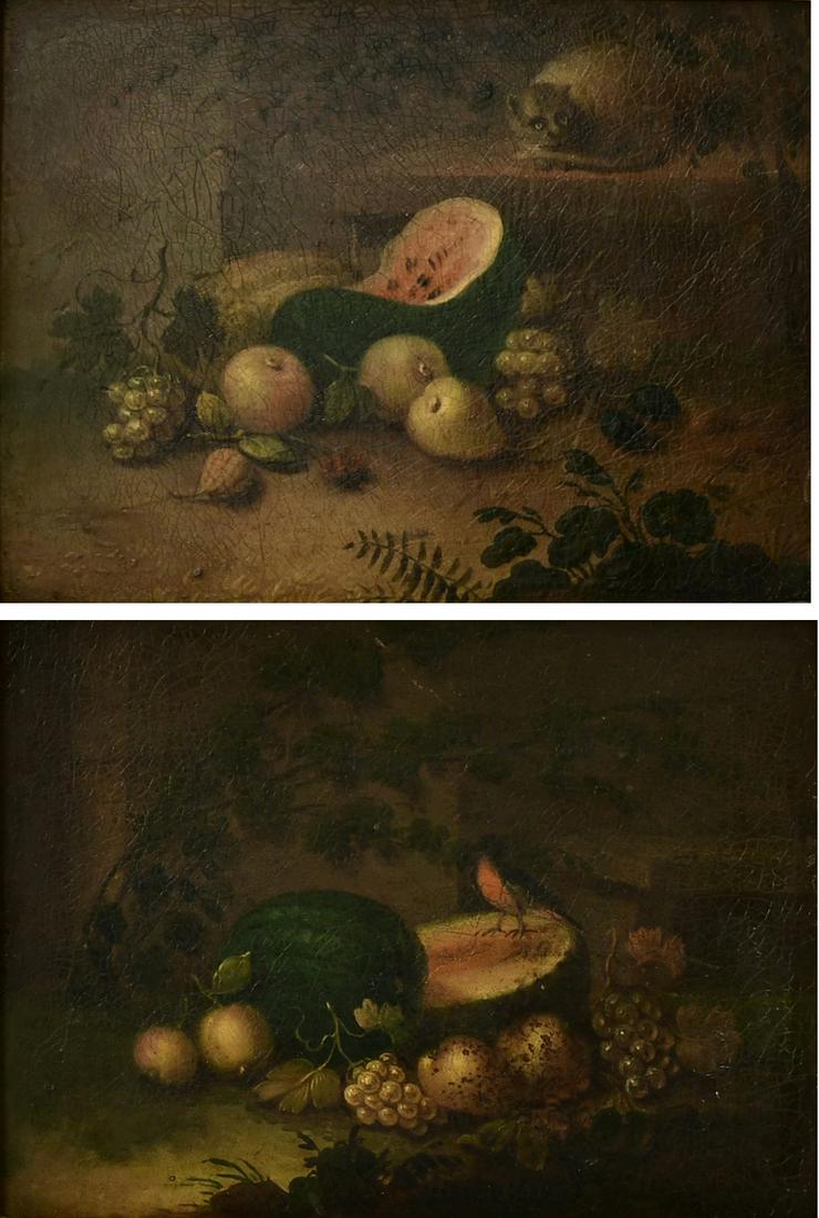 Pair of German Still Life Paintings with Fruit, Cat and Bird, Oil on Metal (1 of 4)