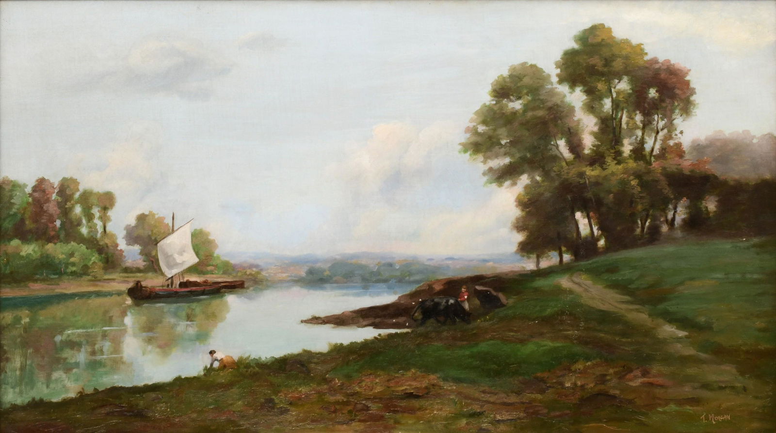 Theodore John Morgan (American, 1872-1947), River Landscape: Theodore John Morgan(American, 1872-1947)River Landscapeoil on canvassigned "T. Morgan" (lower right)23 1/2 x 41 1/2 inches (sight)30 x 48 inches (frame)