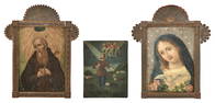 Lot of Three 19th Century Oil on Tin Paintings, Saint Francis of Paola, Saint Isidore the Farmer and