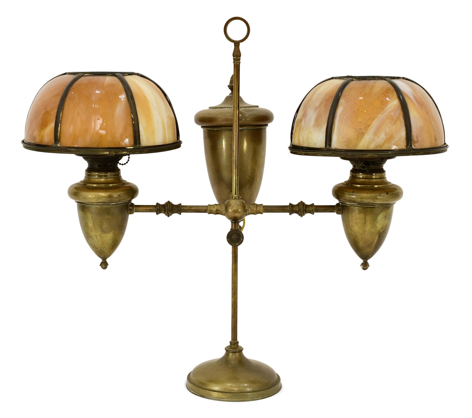 American Brass Double Student Lamp with Slag Glass Shades (1 of 6)