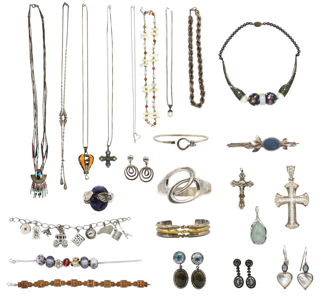 Group of Sterling Silver Jewelry: Group of Sterling Silver Jewelry• hot air balloon necklace• two charm bracelets• three bangle bracelets• link bracelet set with amber• two cross pendants• necklace with c