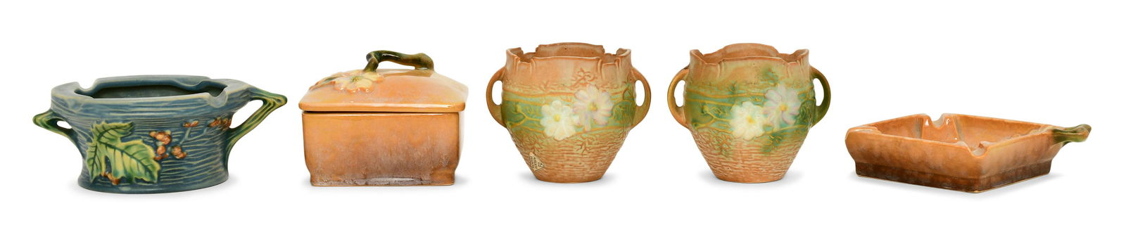 Roseville Pottery "Bushberry" Ashtray, "Wincraft" Covered Box and Ashtray, and Two "Cosmos" Vases (1 of 7)
