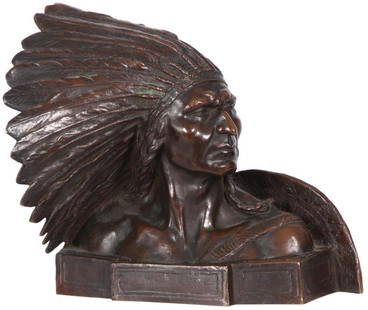 Proctor Bronze Indian Bust: Alexander Phimister Proctor (1860-1950) Indian Chief Bronze Bust; Copyright 1917, has , Gorham Bronze Foundry marks. 11.5 in. High x 12.5 x 6