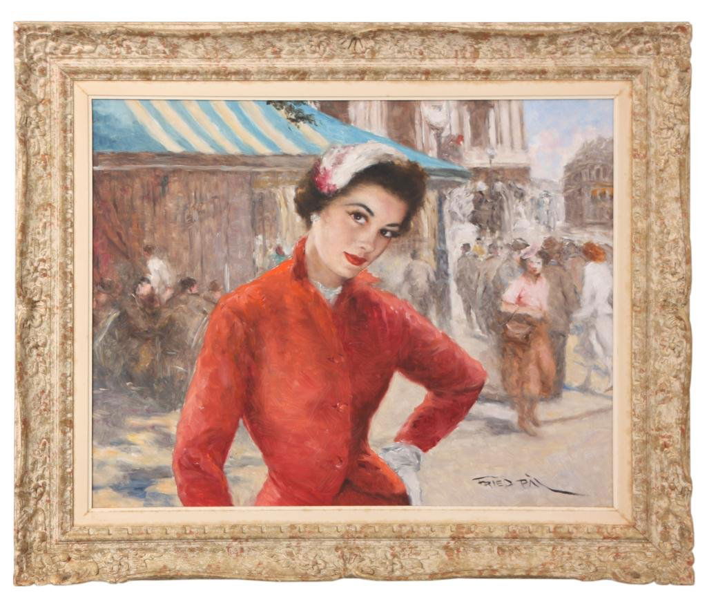 Pal Fried O/C Painting - Maxine: Pal Fried (1893-1976, NY, Hungary) O/C Painting titled "Maxine". This portrait of Maxine shows her standing in a busy court square; Maxine was depicted many times in Fried's paintings, often shown in