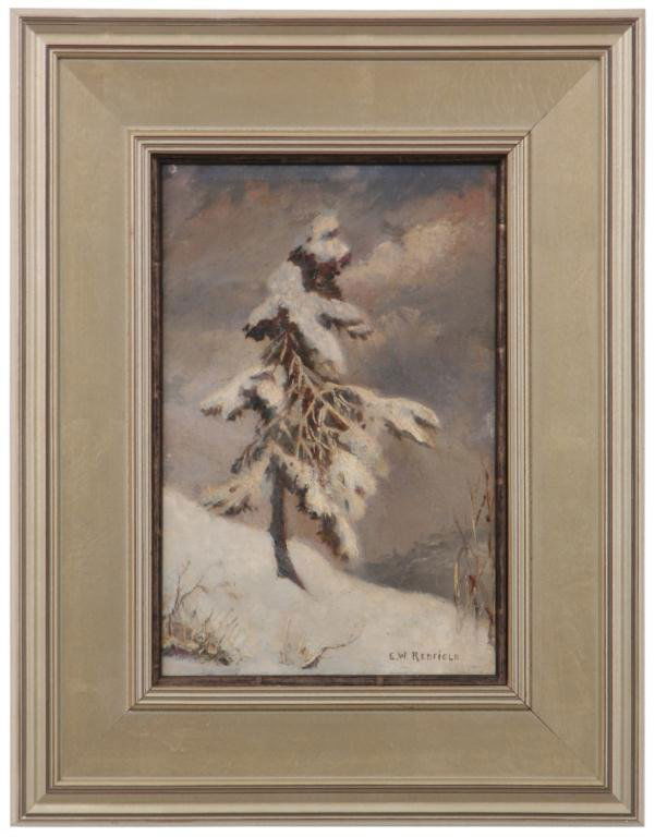 E.W. Redfield O/C Painting: Edward Willis Redfield (1869-1965) O/B Winter Tree. Oil on artist board painting of a lone standing evergreen tree, snow covered along a steep mountainside. Sight: 12 in. high x 8 in.