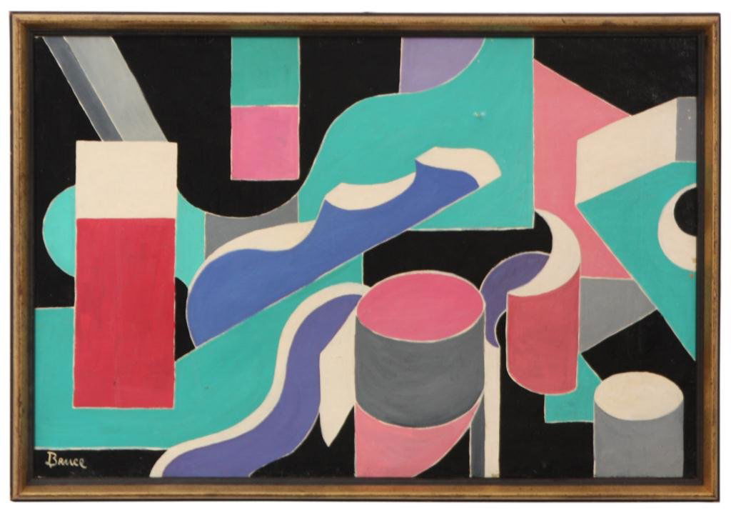 Attr: Patrick Henry Bruce O/C: Attr: Patrick Henry Bruce O/C Abstract Painting. Untitled abstract painting having blue, red, pink, white gray and turqouis tones on a black background, signed lower left Bruce. In very goodt conditio