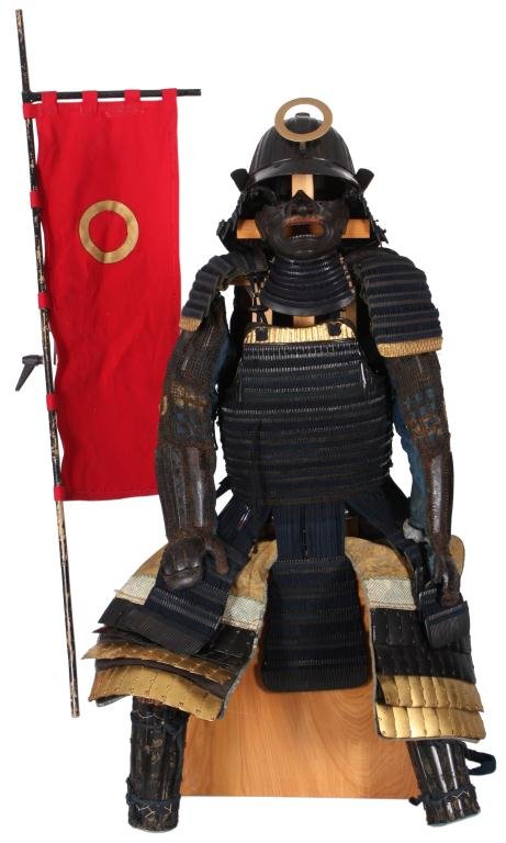 Japanese Black Lacquered Armor: Japanese Black Lacquered Armor: Momoyama-Edo Period. The armor comprising the 35 plate russet iron helmet bowl with 4 tiered black lacquered neck guard, and iron bands with straight edges, leather-cla