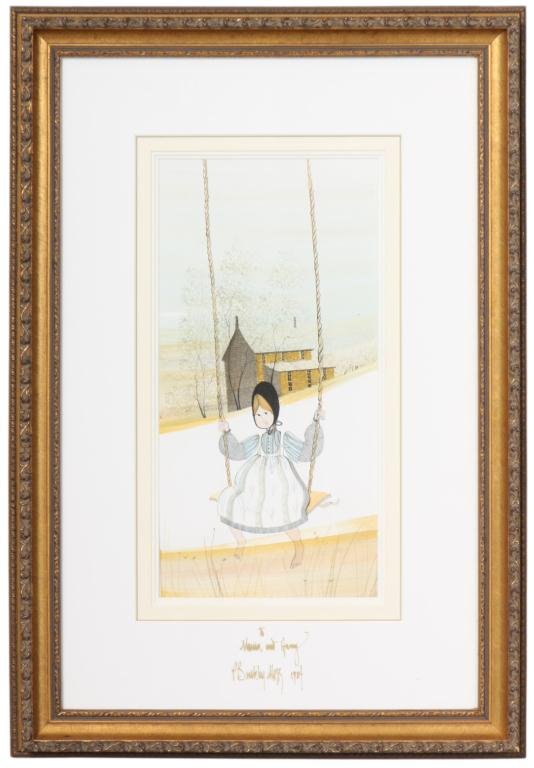 P. Buckley Moss Watercolor: Pat Buckley Moss Watercolor Titled - Katie Swings; it is signed Moss '83 and also hand signed on the glass and addressed to Marrian and Henry. In excellent condition! 15.5 x 7.5