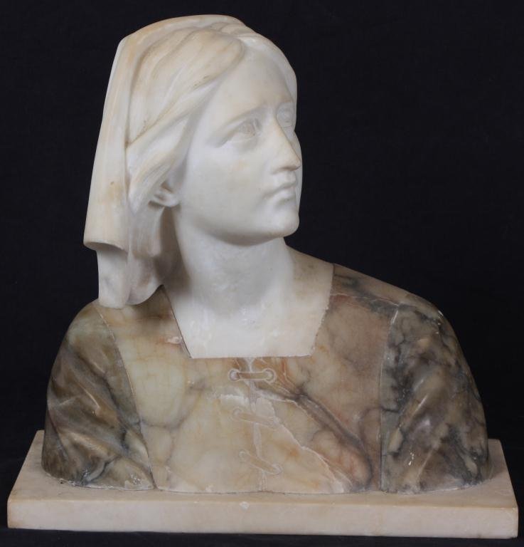 Italian Marble Joan of Arc Bust: Italian Marble Joan of Arc Bust Signed E. Guerrieri. 2 tone Joan of Arc bust, she is looking up and to her left; the dress she wears is cream colored with black and brown striations, her head and neck